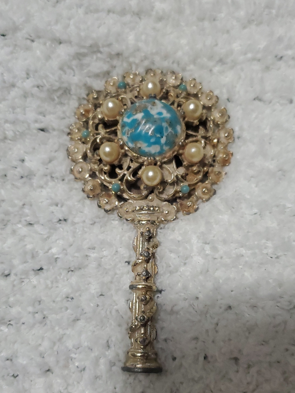 Vintage Gold Tone Turquoise & Pearl Purse Mirror